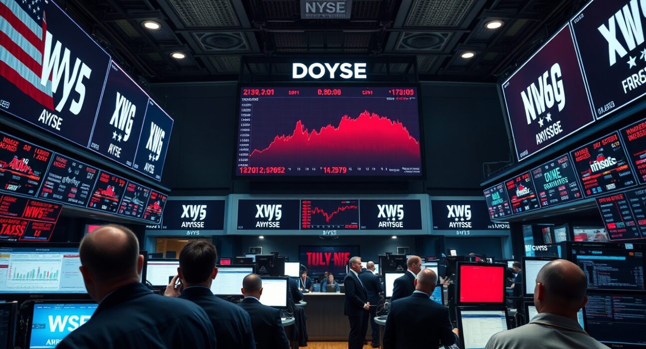 Traders on NYSE floor watching screens as Dow Jones drops after PPI data release