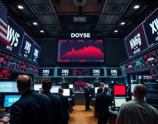 Traders on NYSE floor watching screens as Dow Jones drops after PPI data release