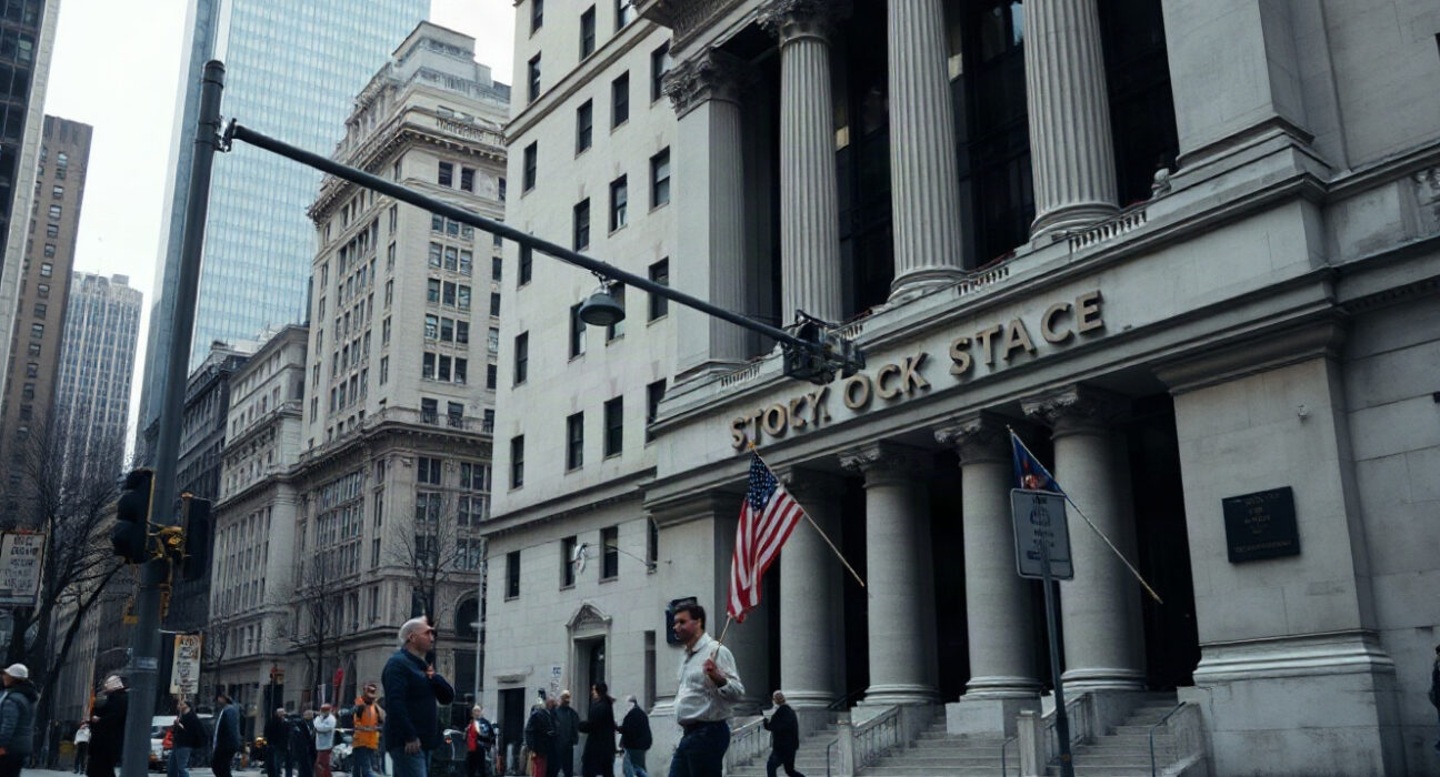 New York Stock Exchange with striking workers in foreground under overcast sky