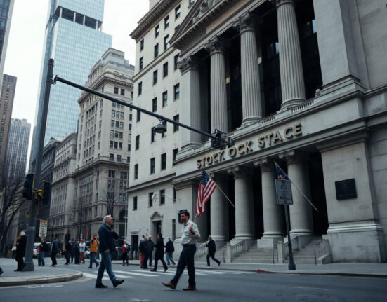 New York Stock Exchange with striking workers in foreground under overcast sky