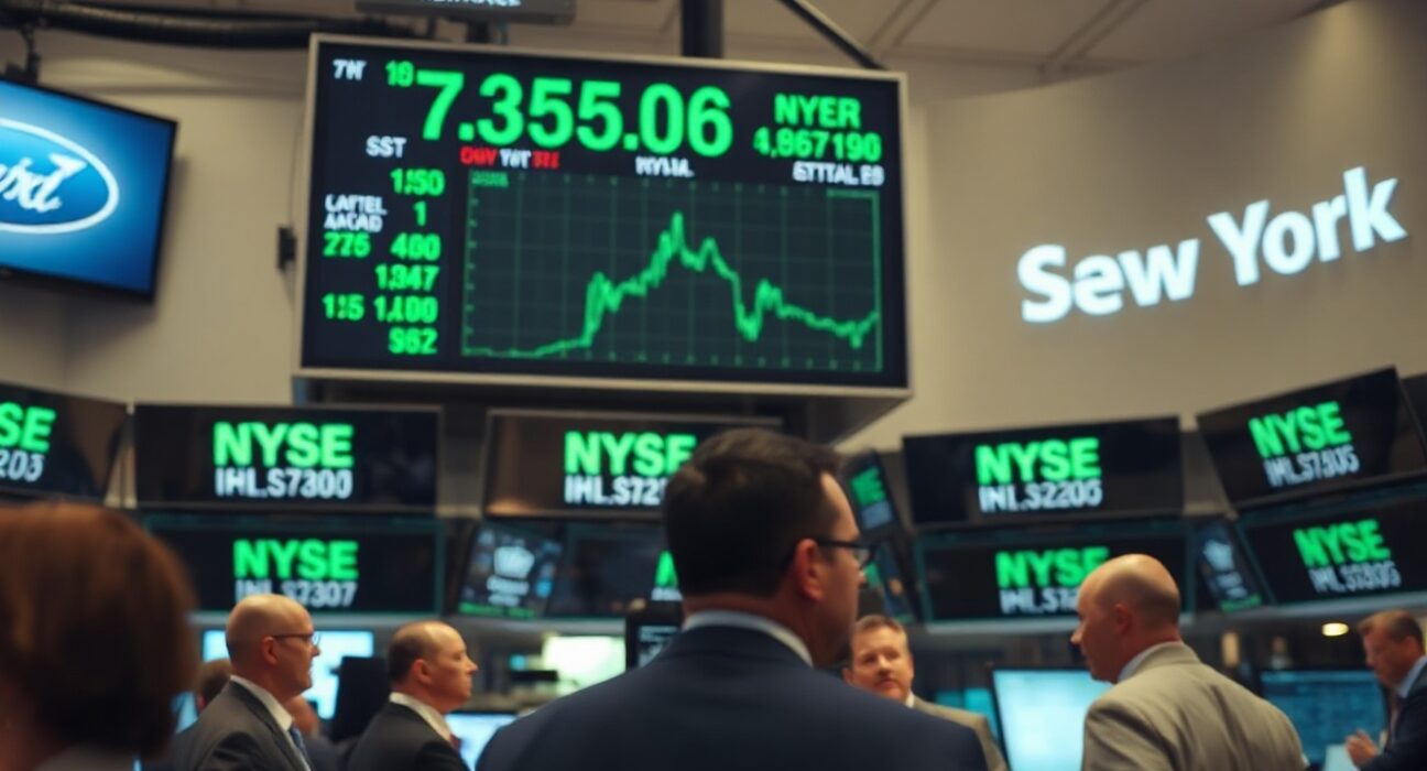 New York Stock Exchange trading floor with Dow Jones ticker showing green numbers during a calm trading session.