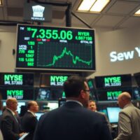 New York Stock Exchange trading floor with Dow Jones ticker showing green numbers during a calm trading session.