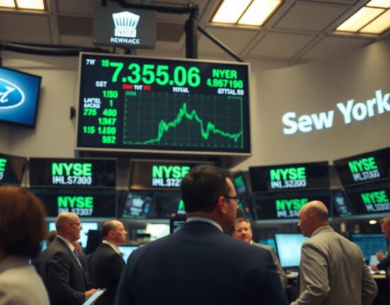 New York Stock Exchange trading floor with Dow Jones ticker showing green numbers during a calm trading session.