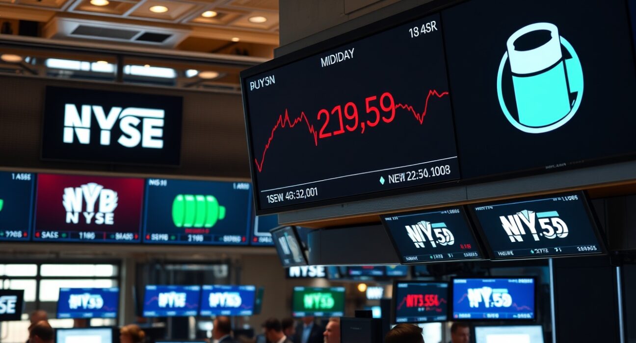 NYSE trading floor with Dow Jones index screens showing steady levels and oil price indicators