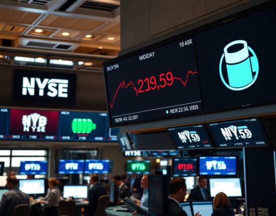 NYSE trading floor with Dow Jones index screens showing steady levels and oil price indicators