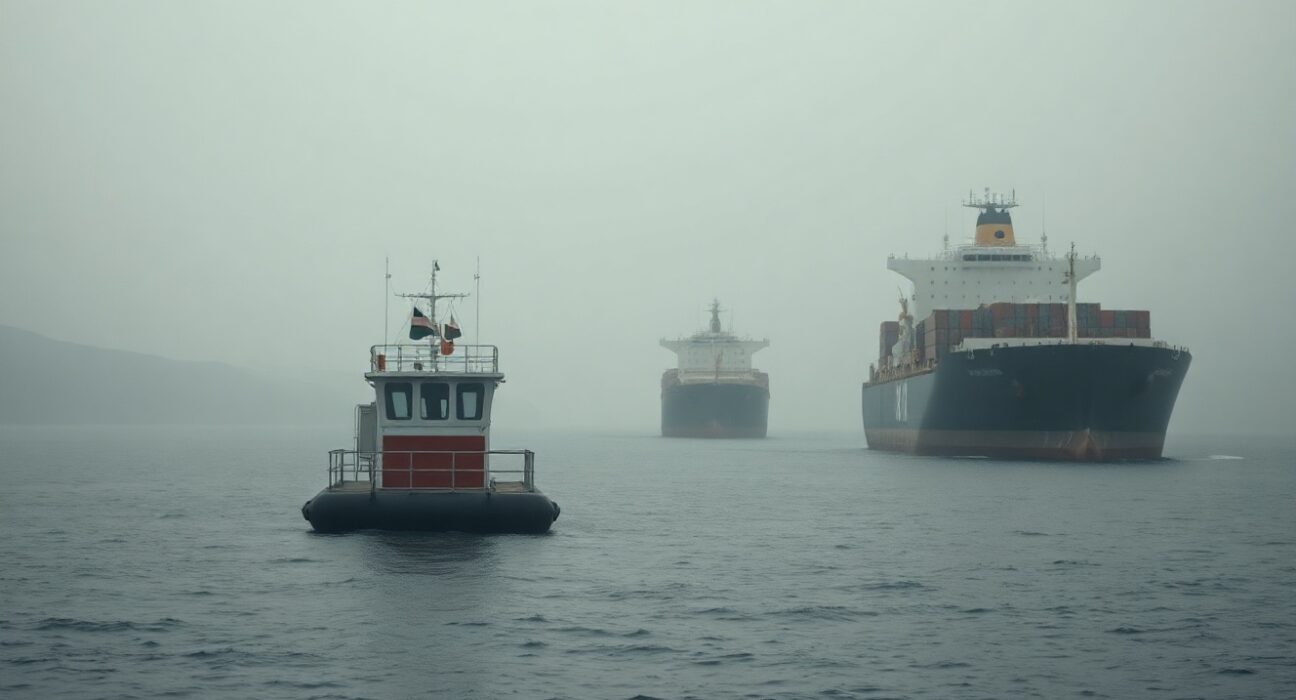 Oil tankers and cargo ships in the Strait of Hormuz with a symbolic toll booth barge in the foreground