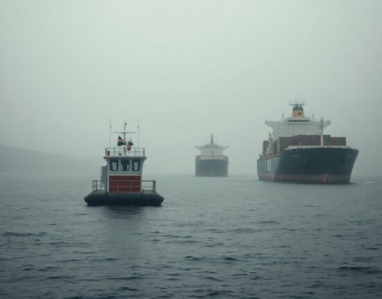 Oil tankers and cargo ships in the Strait of Hormuz with a symbolic toll booth barge in the foreground
