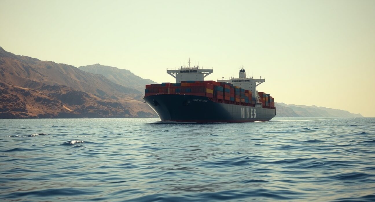 Container ship transiting the Strait of Hormuz after Iran's reopening, a key event for global oil supply and the Dow Jones surge.
