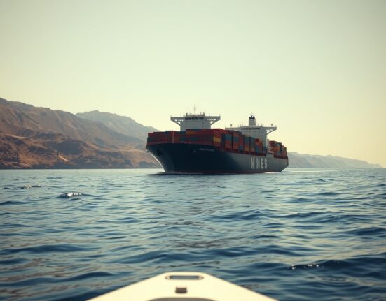 Container ship transiting the Strait of Hormuz after Iran's reopening, a key event for global oil supply and the Dow Jones surge.