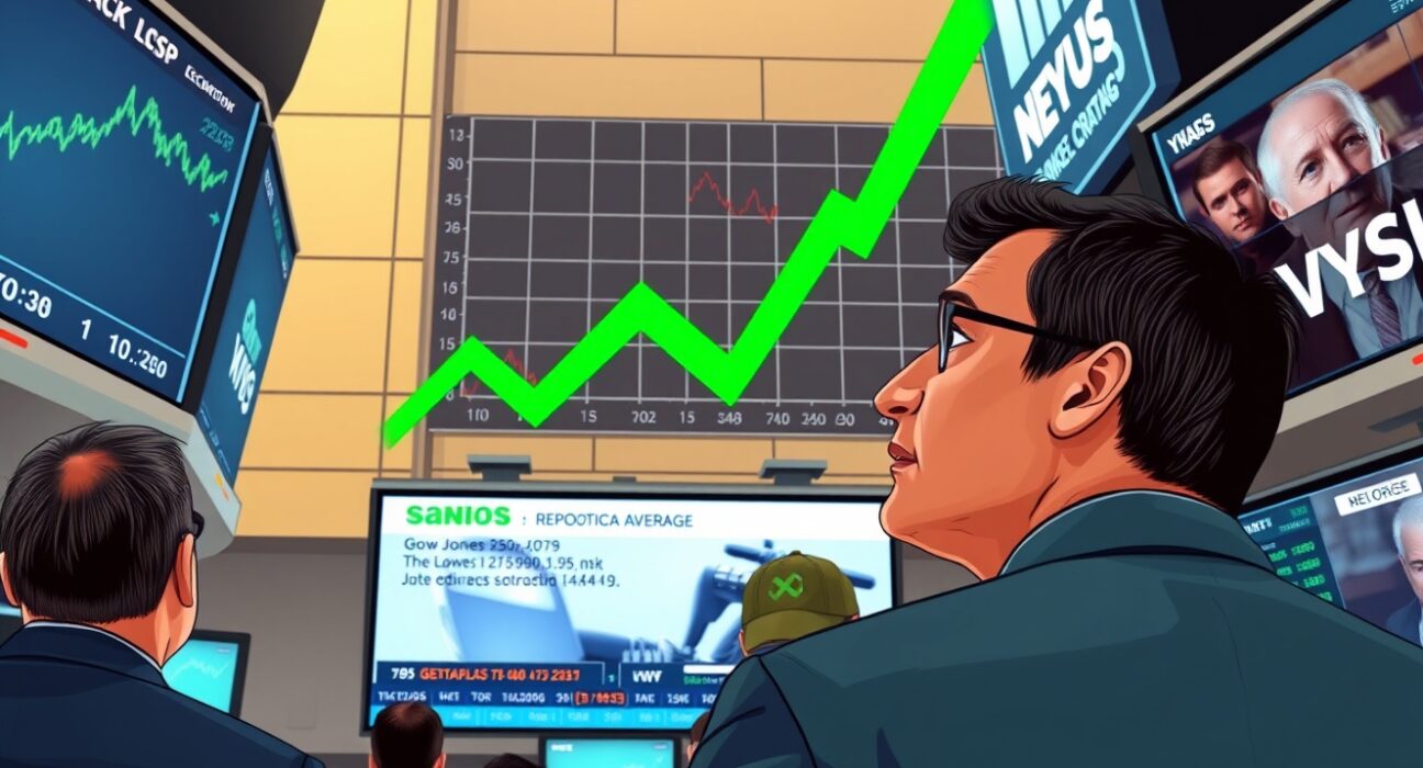 Dow Jones Industrial Average surges on New York Stock Exchange trading floor as traders react to geopolitical developments