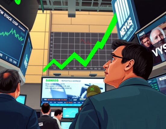 Dow Jones Industrial Average surges on New York Stock Exchange trading floor as traders react to geopolitical developments