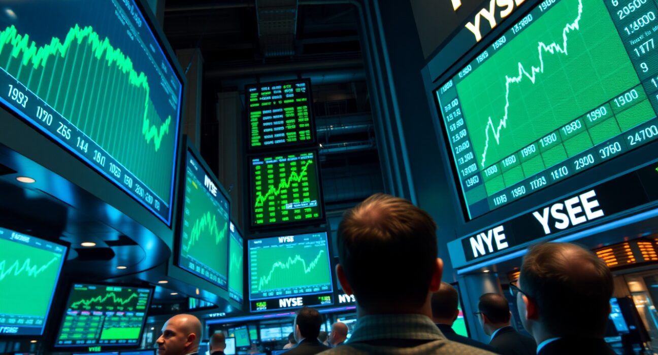 Traders on the NYSE floor watching green stock charts as Dow Jones surges on US-Iran deal reports.