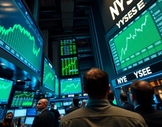 Traders on the NYSE floor watching green stock charts as Dow Jones surges on US-Iran deal reports.