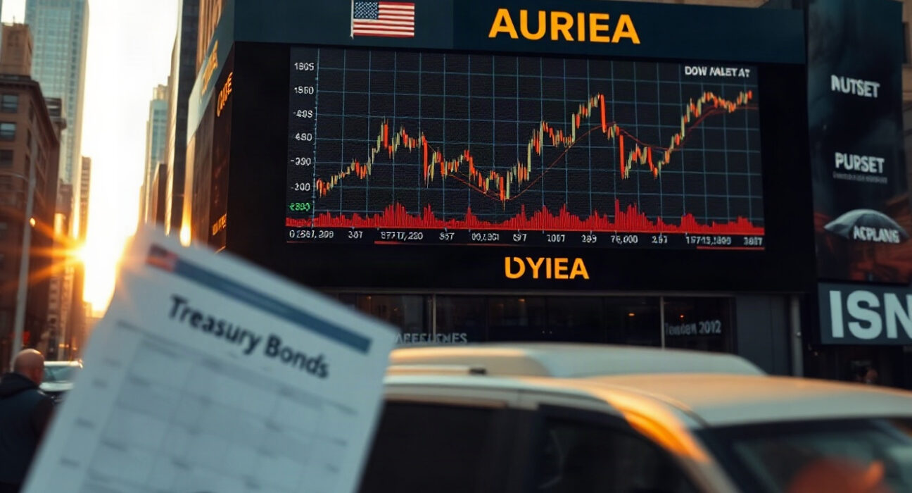 Stock market display showing Dow Jones Industrial Average and Treasury yield trends