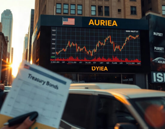 Stock market display showing Dow Jones Industrial Average and Treasury yield trends