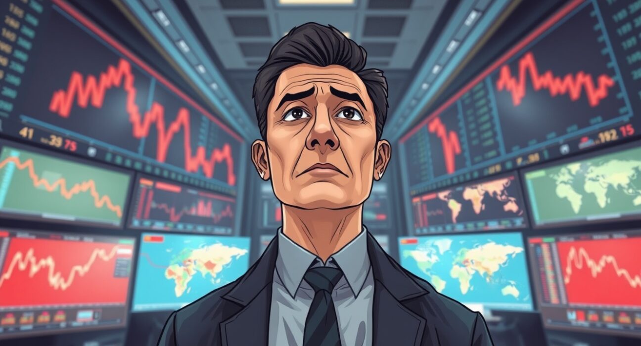 Financial trader monitors Dow Jones Industrial Average decline during Iran geopolitical crisis