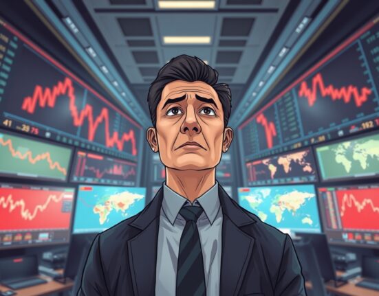 Financial trader monitors Dow Jones Industrial Average decline during Iran geopolitical crisis