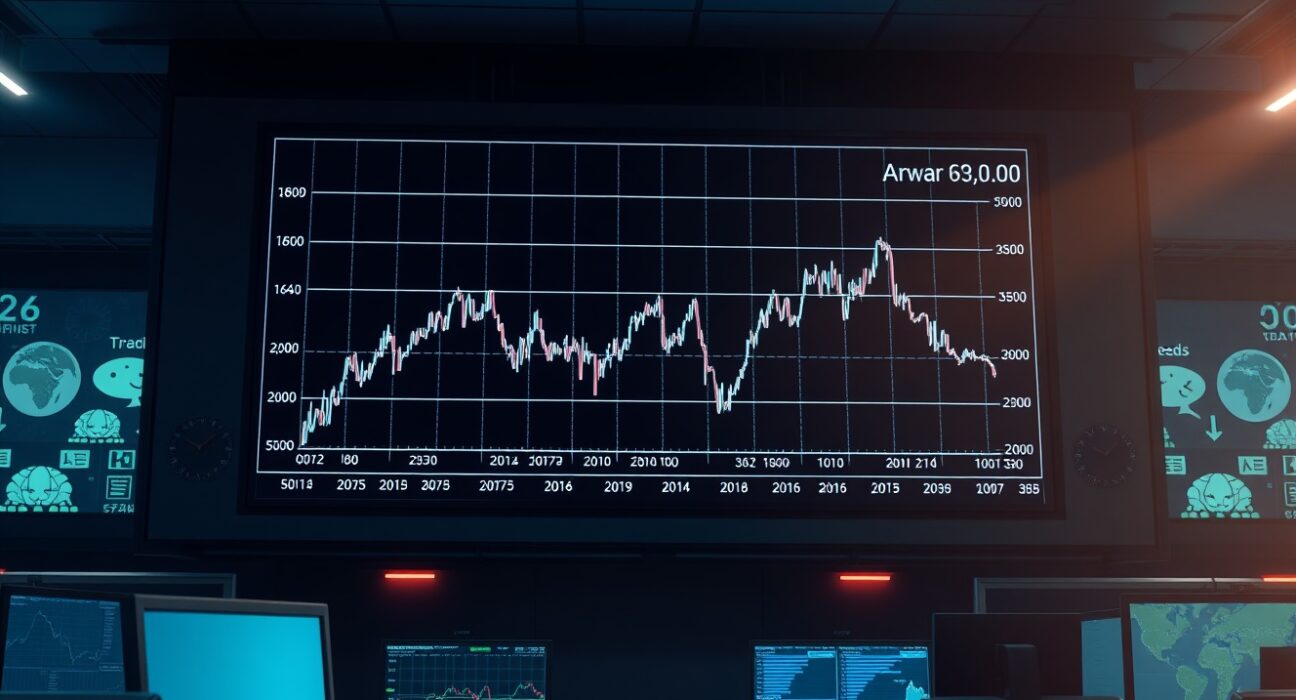 Dow Jones chart showing inverted market pattern on a trading floor screen