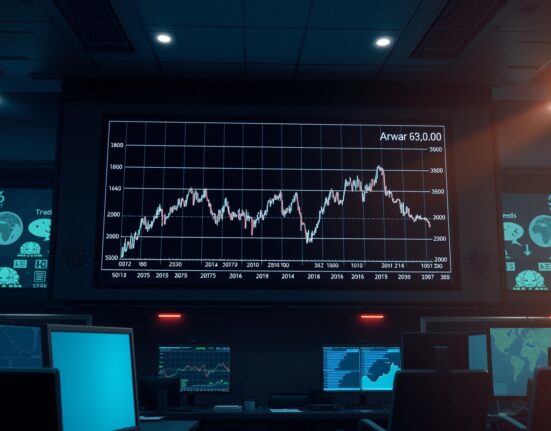 Dow Jones chart showing inverted market pattern on a trading floor screen