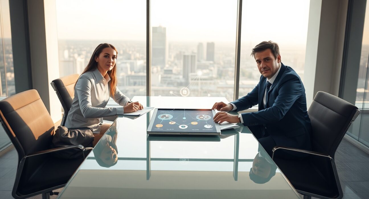 Professionals in a boardroom reviewing blockchain asset data on a tablet