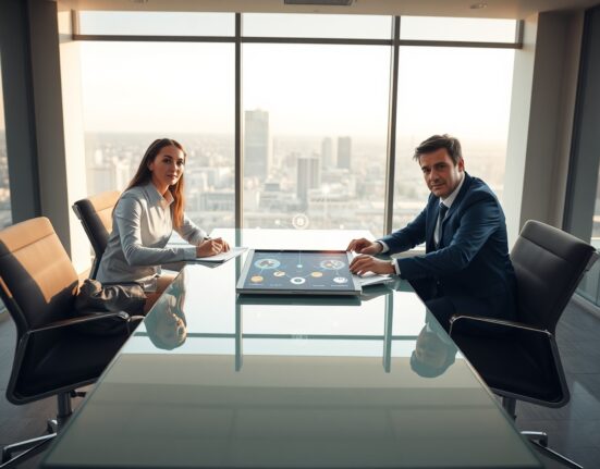 Professionals in a boardroom reviewing blockchain asset data on a tablet