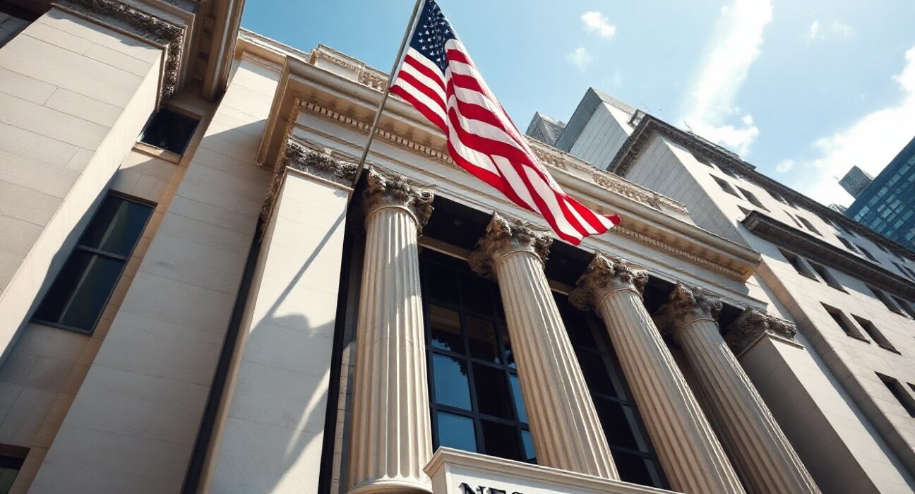 The New York Stock Exchange building on a sunny day, symbolizing record market highs.
