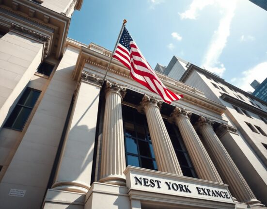 The New York Stock Exchange building on a sunny day, symbolizing record market highs.