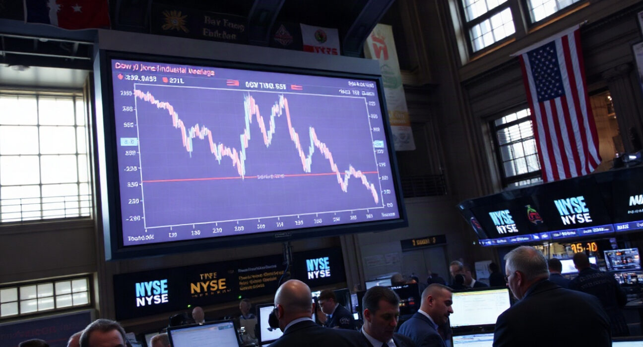 Traders on the NYSE floor watching a Dow chart decline, illustrating the term premium problem.