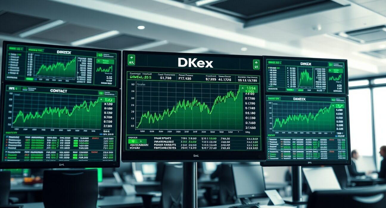 Trading monitor displaying DKeX prediction market interface with sports event contract charts in a professional office setting