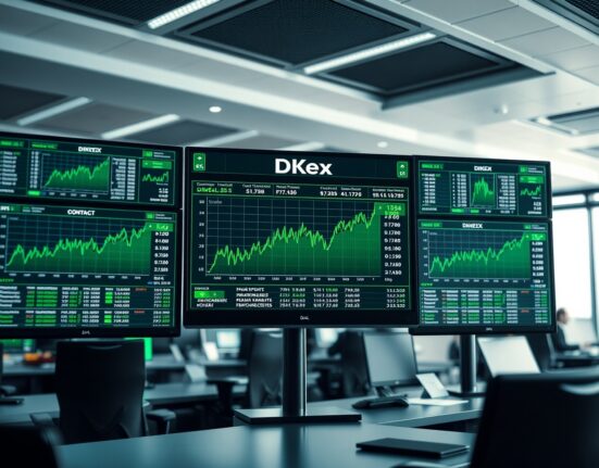 Trading monitor displaying DKeX prediction market interface with sports event contract charts in a professional office setting