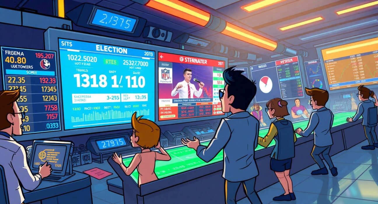 A vibrant cartoon illustration of a futuristic real-money prediction market trading floor with excited participants.
