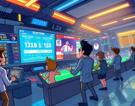A vibrant cartoon illustration of a futuristic real-money prediction market trading floor with excited participants.