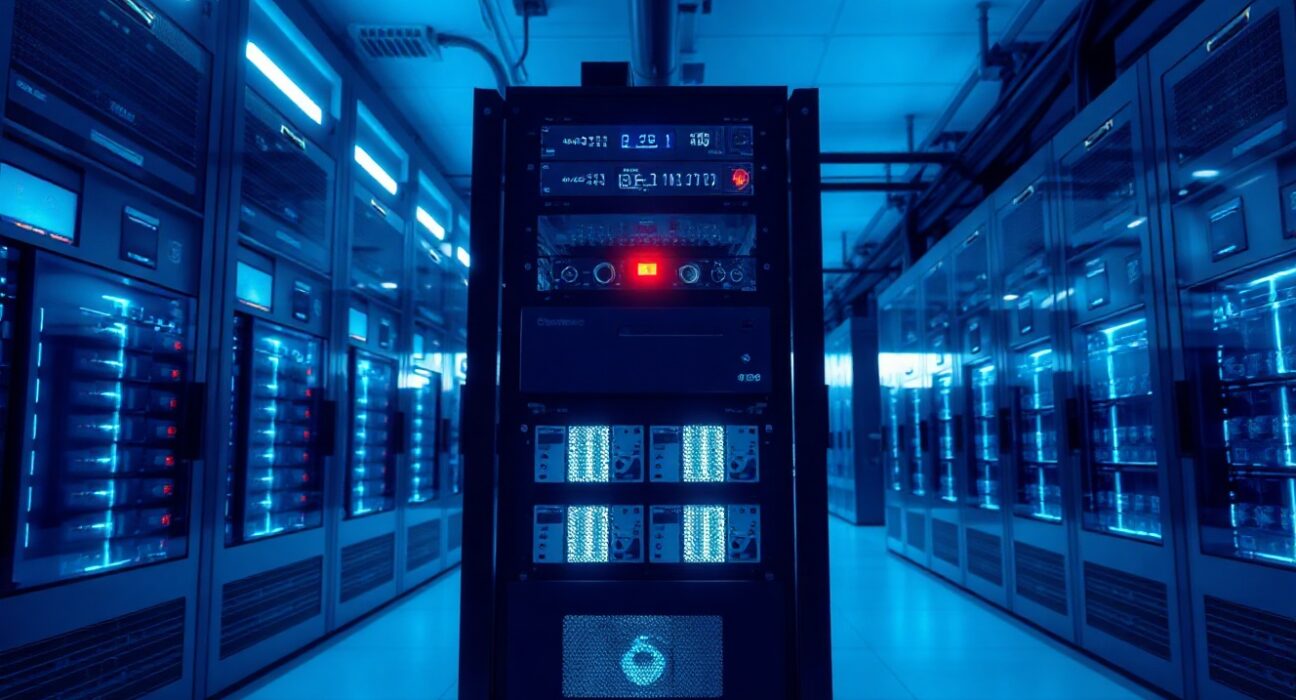 Data center server rack with a red warning light, representing a patched network vulnerability in Zcash blockchain.