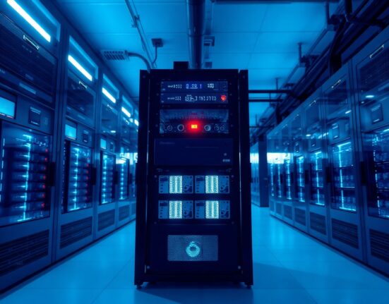Data center server rack with a red warning light, representing a patched network vulnerability in Zcash blockchain.