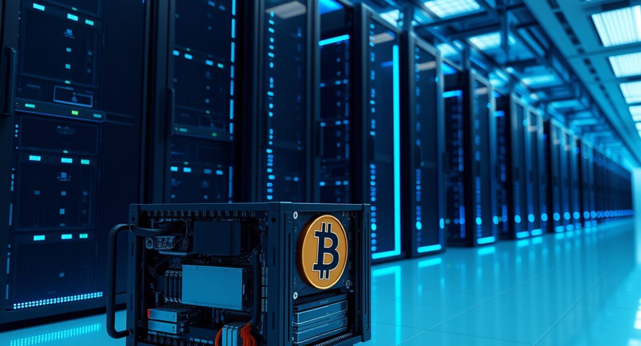 Interior of a modern data center with GPU servers and a Bitcoin mining rig in the foreground