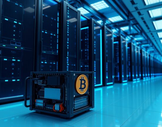 Interior of a modern data center with GPU servers and a Bitcoin mining rig in the foreground