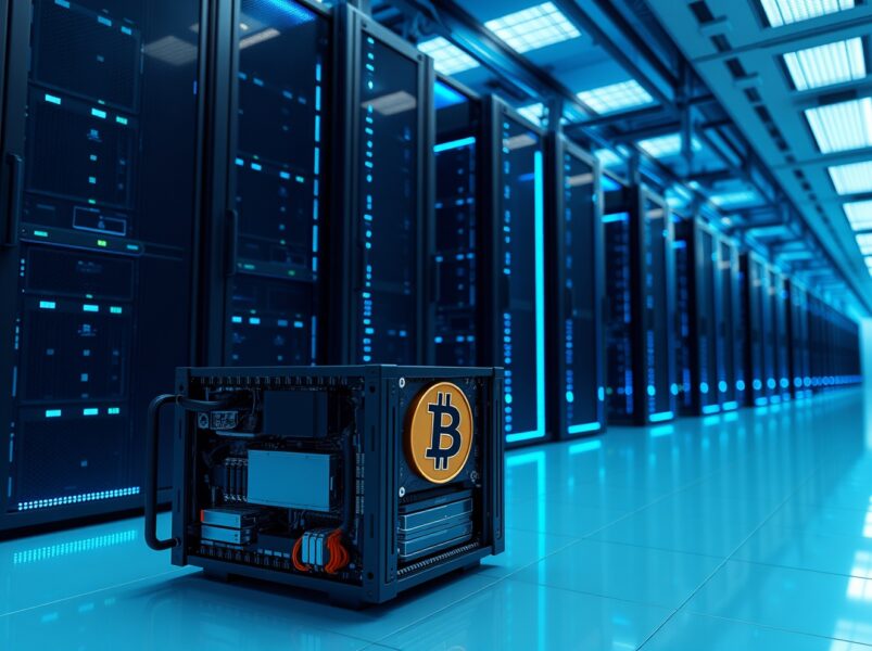 Interior of a modern data center with GPU servers and a Bitcoin mining rig in the foreground