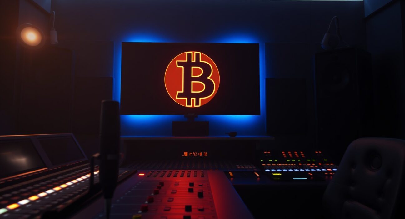 A recording studio mixing console with a glowing Bitcoin logo on a monitor screen in the background