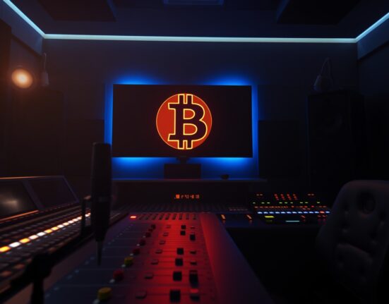 A recording studio mixing console with a glowing Bitcoin logo on a monitor screen in the background