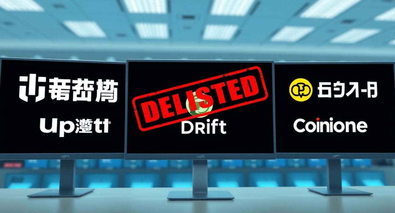 Upbit, Bithumb, and Coinone delist Drift (DRIFT) token on June 1, 2025, with a red delisted stamp overlay.