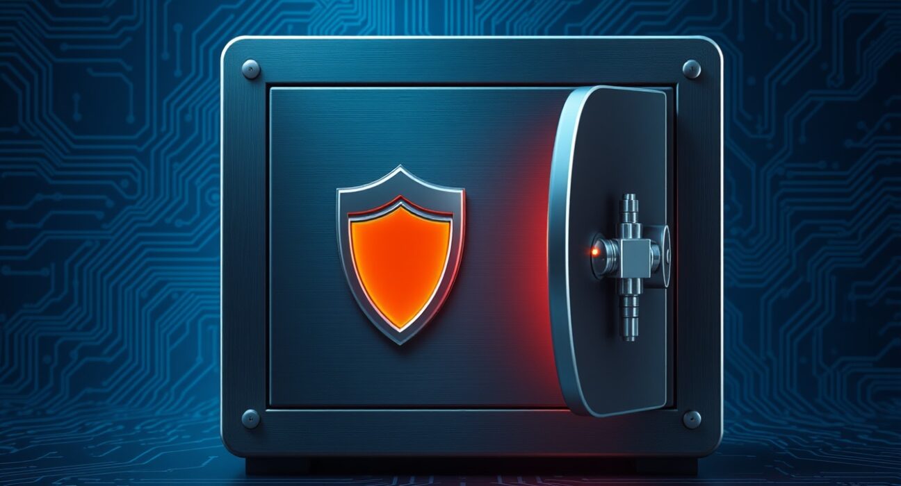 Digital vault breach representing the Drift hack security vulnerability affecting Solana protocols