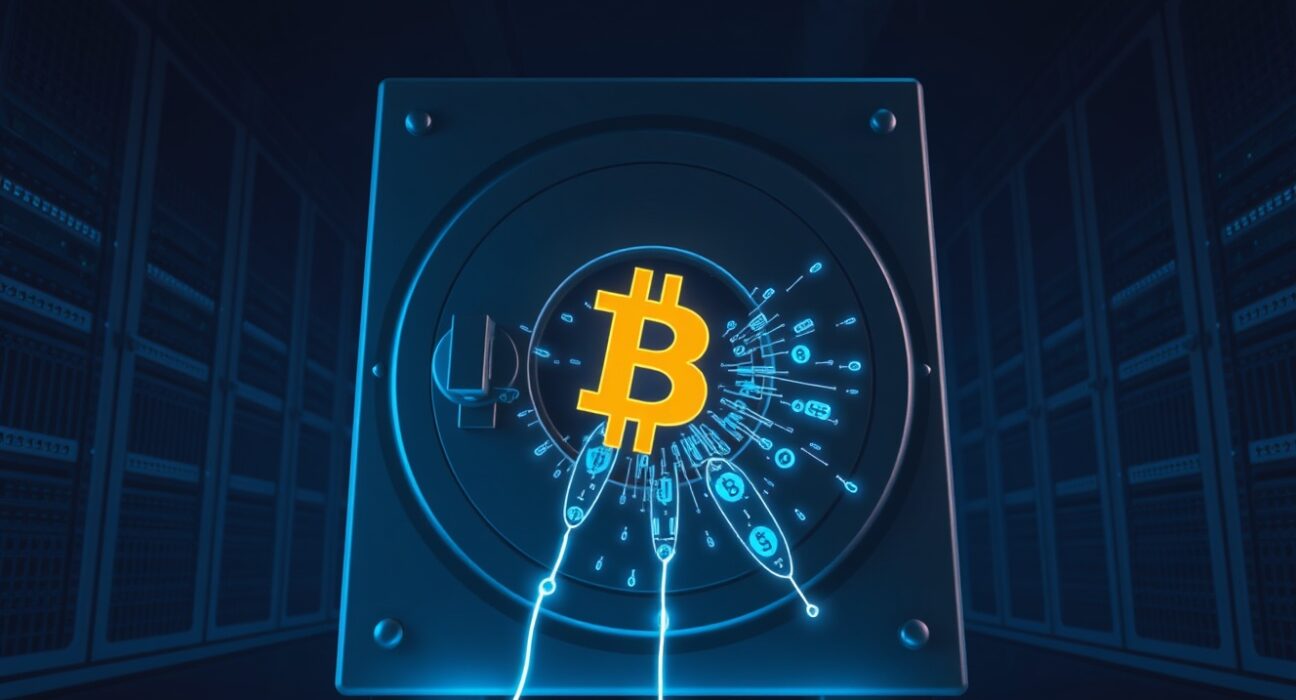 Digital vault breach representing the Drift protocol hack and cryptocurrency theft.