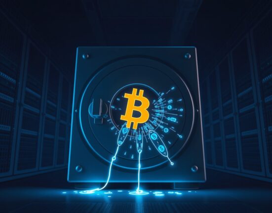 Digital vault breach representing the Drift protocol hack and cryptocurrency theft.