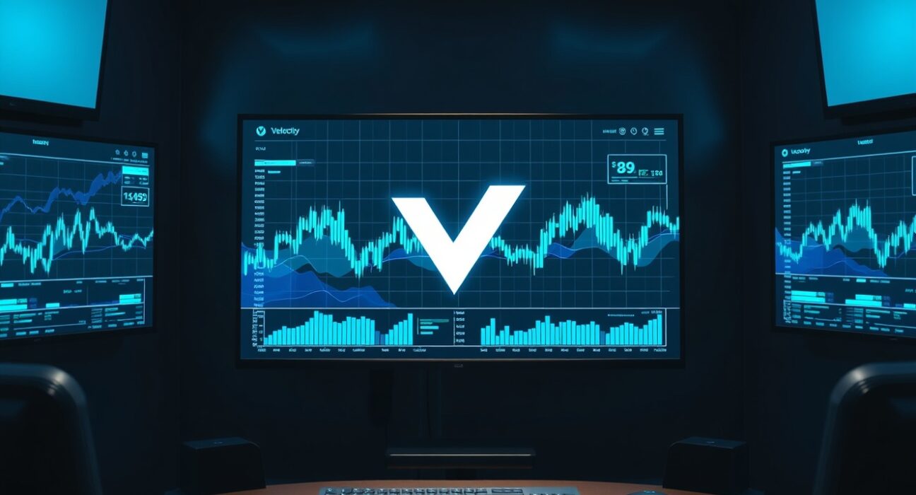 Digital trading interface displaying a prominent 'V' logo for Velocity, symbolizing a fresh start after a major hack.