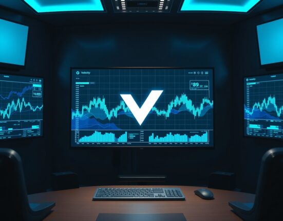 Digital trading interface displaying a prominent 'V' logo for Velocity, symbolizing a fresh start after a major hack.