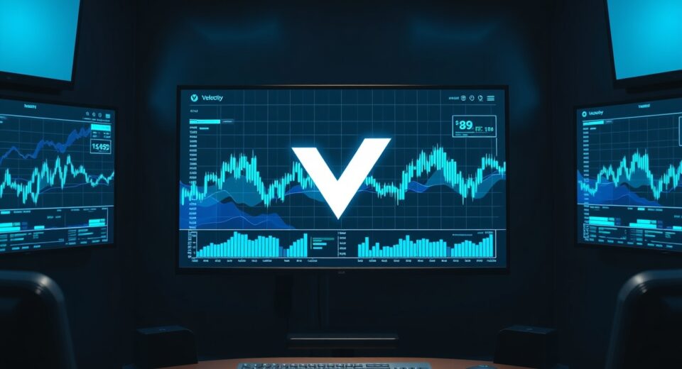Digital trading interface displaying a prominent 'V' logo for Velocity, symbolizing a fresh start after a major hack.