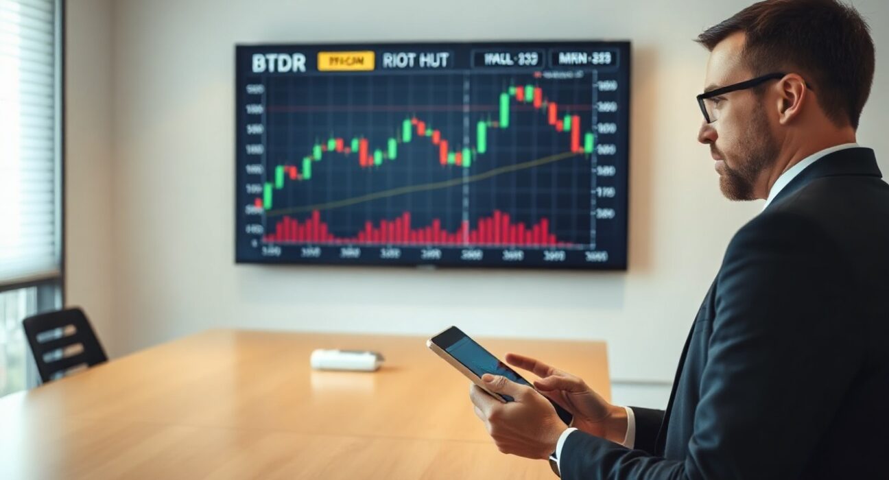 Financial analyst reviewing Bitcoin mining stock performance on a screen in a modern office
