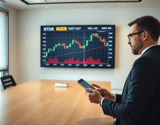 Financial analyst reviewing Bitcoin mining stock performance on a screen in a modern office