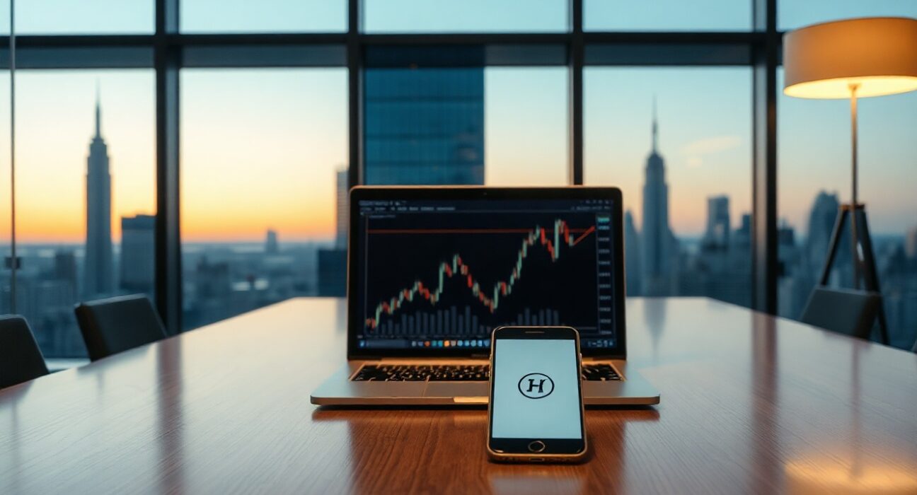Modern financial office with laptop showing crypto charts and smartphone with crypto app