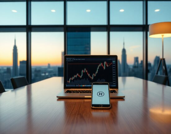 Modern financial office with laptop showing crypto charts and smartphone with crypto app